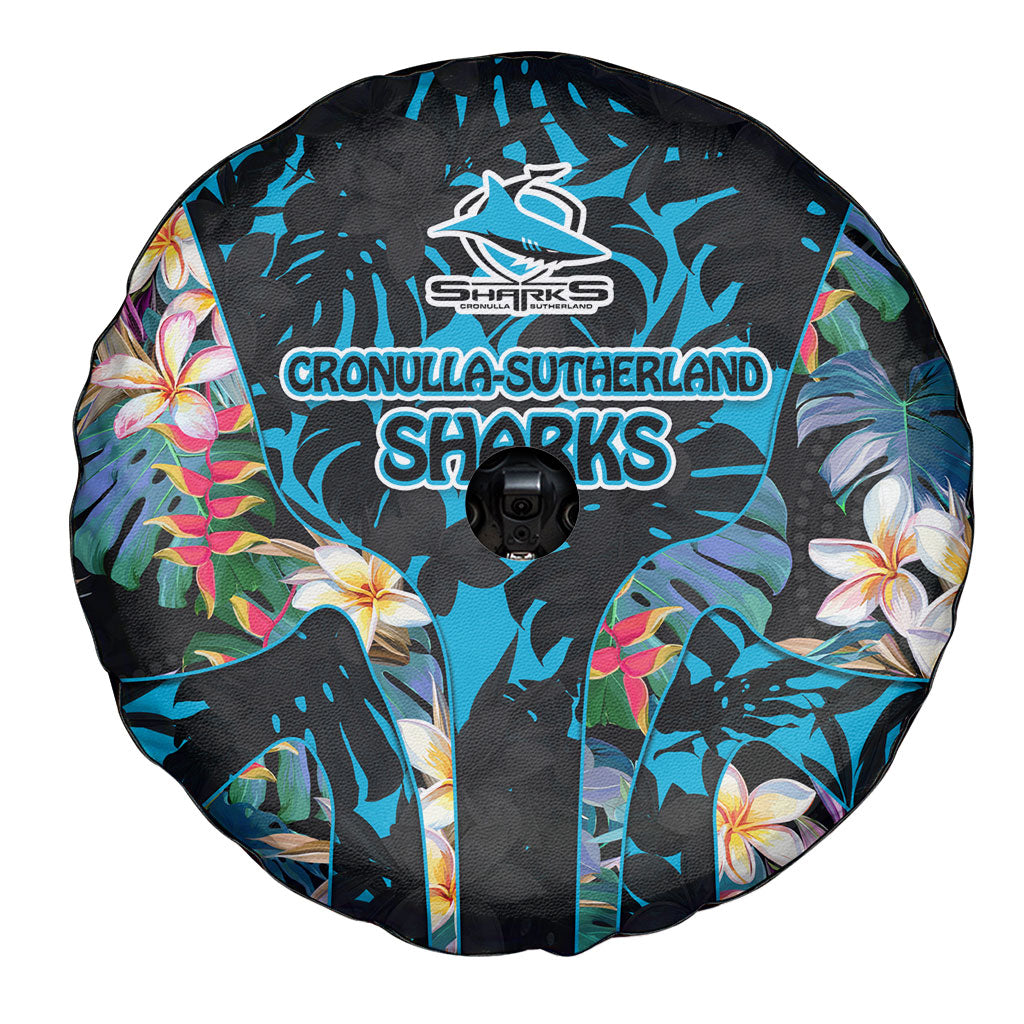 Cronulla-Sutherland Sharks Spare Tire Cover Tropical Island Floral Pattern With Black And Blue Accents