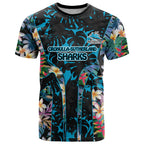 Cronulla-Sutherland Sharks T Shirt Tropical Island Floral Pattern With Black And Blue Accents
