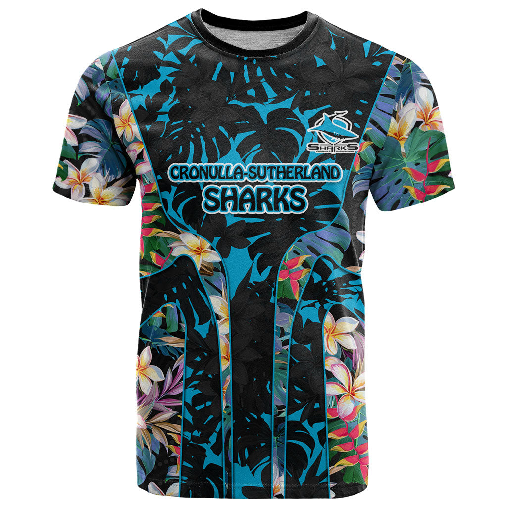 Cronulla-Sutherland Sharks T Shirt Tropical Island Floral Pattern With Black And Blue Accents
