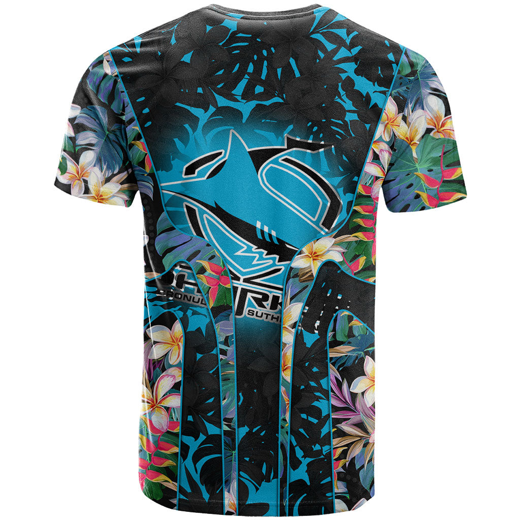 Cronulla-Sutherland Sharks T Shirt Tropical Island Floral Pattern With Black And Blue Accents