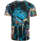 Cronulla-Sutherland Sharks T Shirt Tropical Island Floral Pattern With Black And Blue Accents