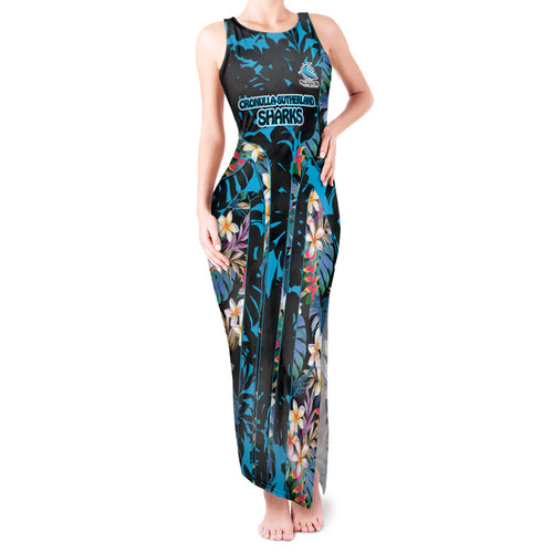 Cronulla-Sutherland Sharks Tank Maxi Dress Tropical Island Floral Pattern With Black And Blue Accents
