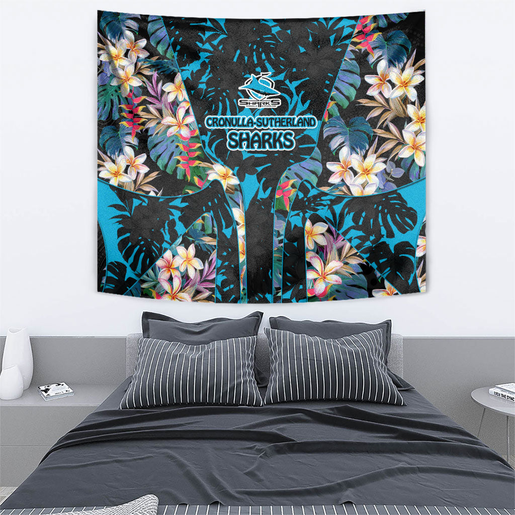 Cronulla-Sutherland Sharks Tapestry Tropical Island Floral Pattern With Black And Blue Accents