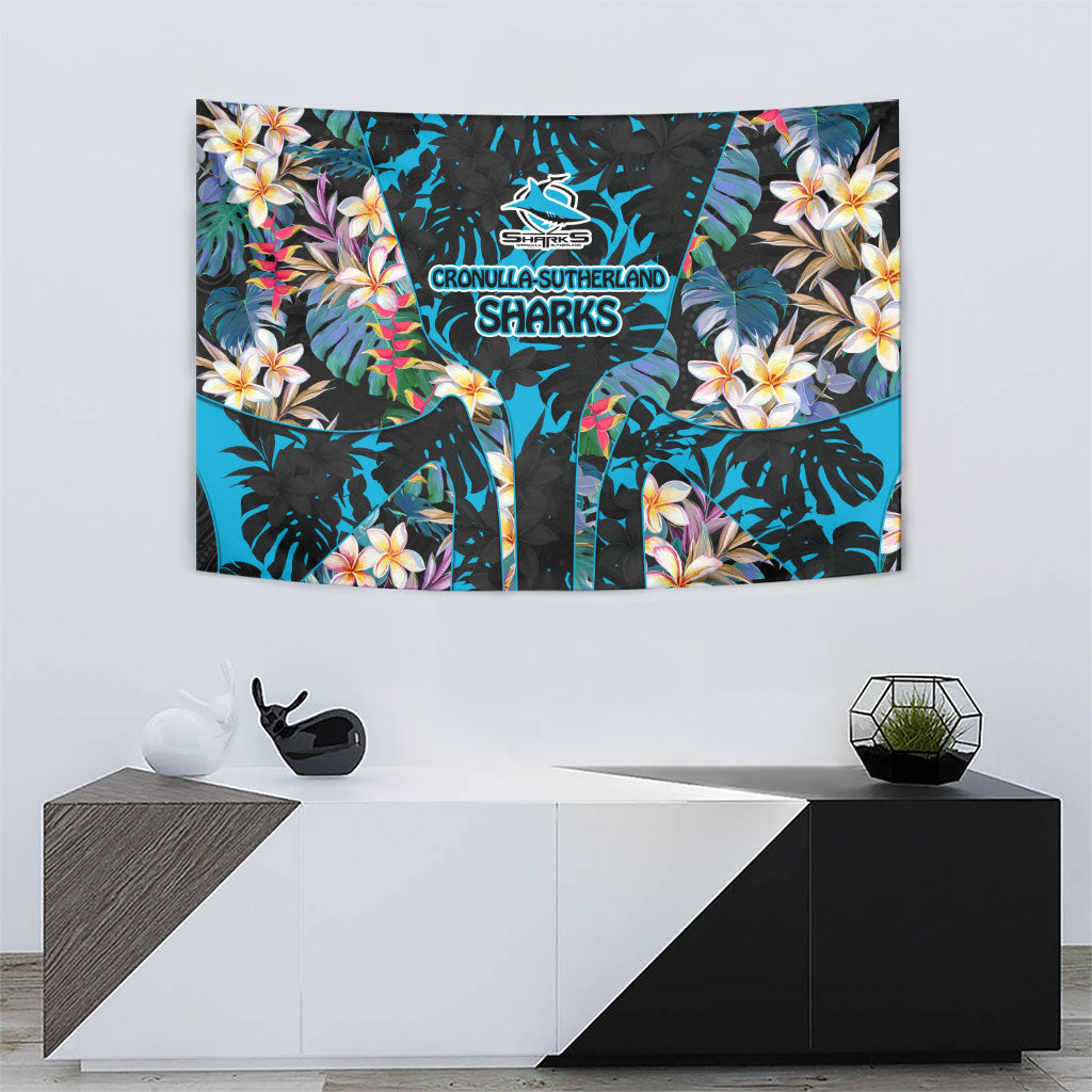 Cronulla-Sutherland Sharks Tapestry Tropical Island Floral Pattern With Black And Blue Accents