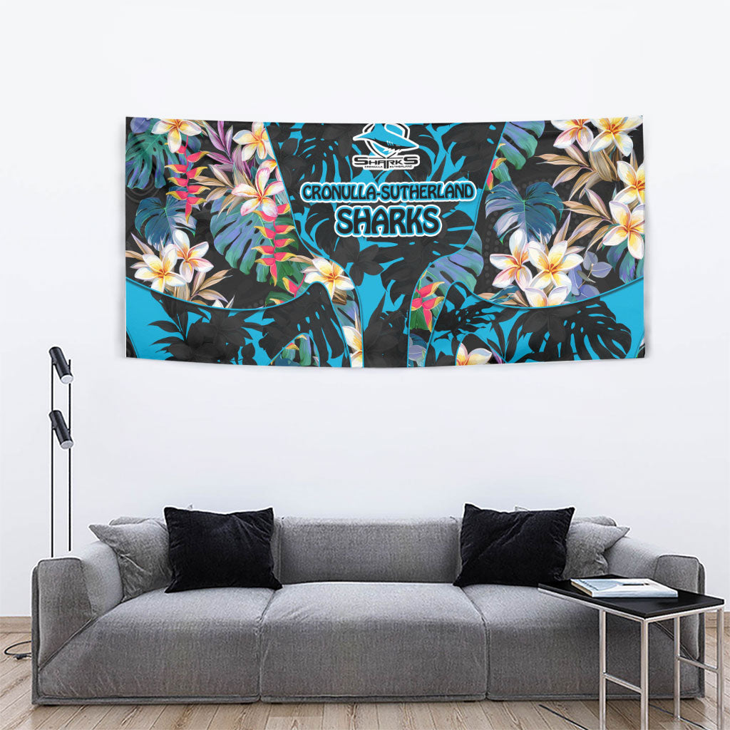 Cronulla-Sutherland Sharks Tapestry Tropical Island Floral Pattern With Black And Blue Accents
