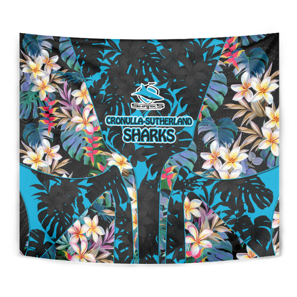 Cronulla-Sutherland Sharks Tapestry Tropical Island Floral Pattern With Black And Blue Accents