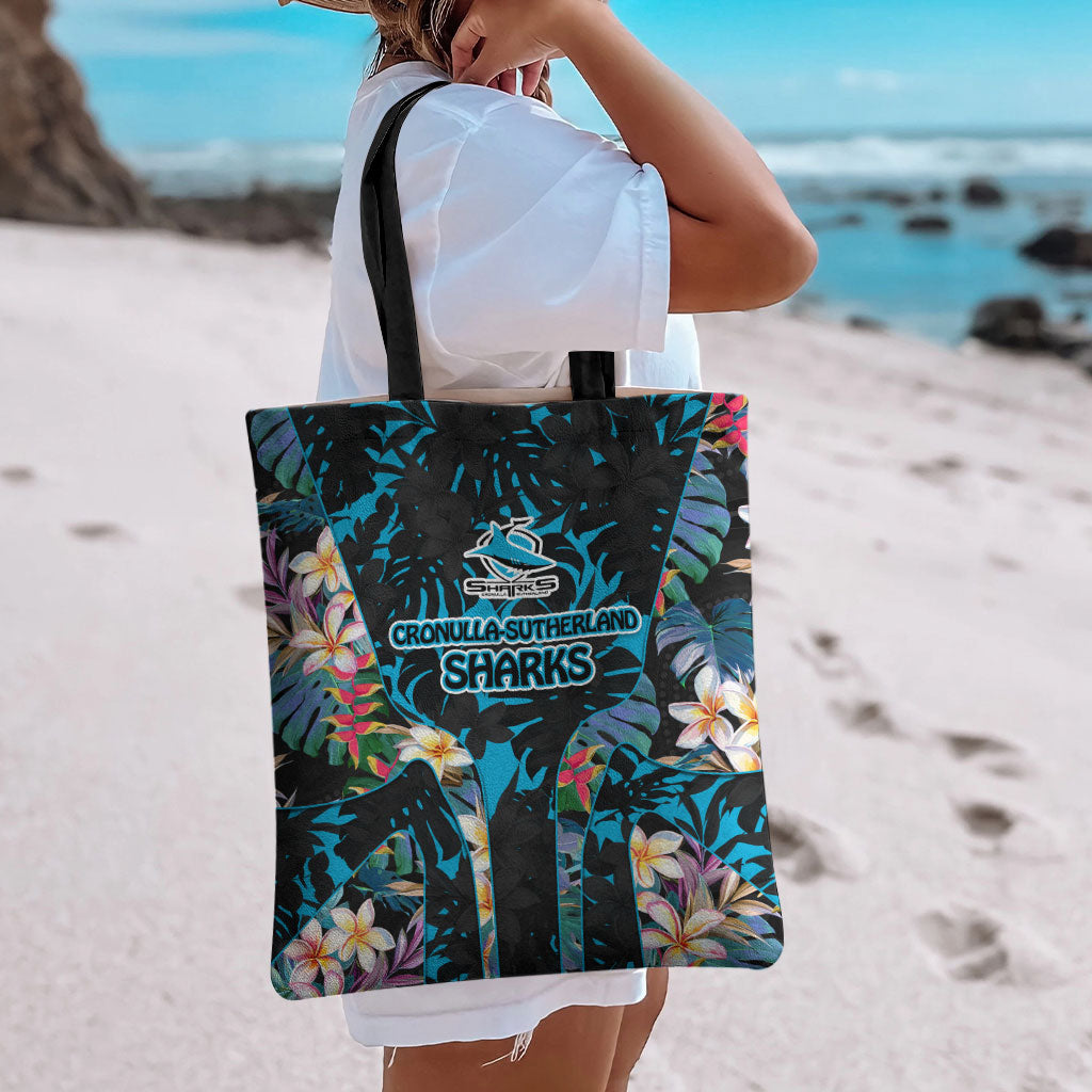Cronulla-Sutherland Sharks Tote Bag Tropical Island Floral Pattern With Black And Blue Accents