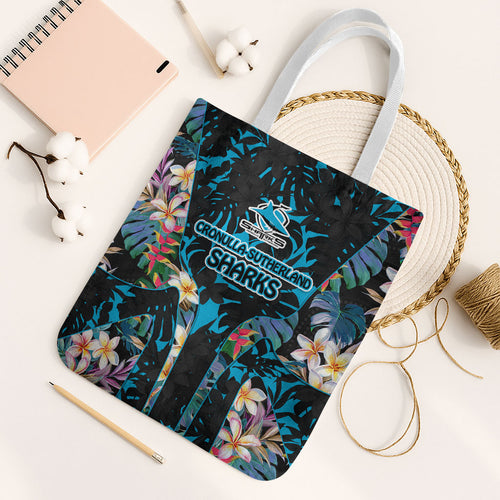 Cronulla-Sutherland Sharks Tote Bag Tropical Island Floral Pattern With Black And Blue Accents