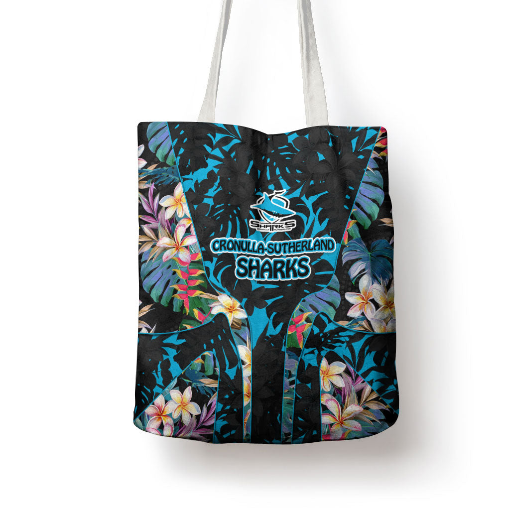 Cronulla-Sutherland Sharks Tote Bag Tropical Island Floral Pattern With Black And Blue Accents