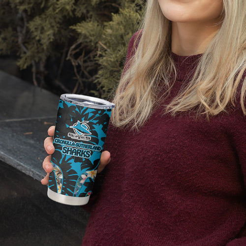 Cronulla-Sutherland Sharks Tumbler Cup Tropical Island Floral Pattern With Black And Blue Accents