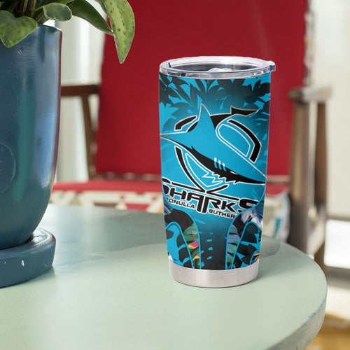 Cronulla-Sutherland Sharks Tumbler Cup Tropical Island Floral Pattern With Black And Blue Accents