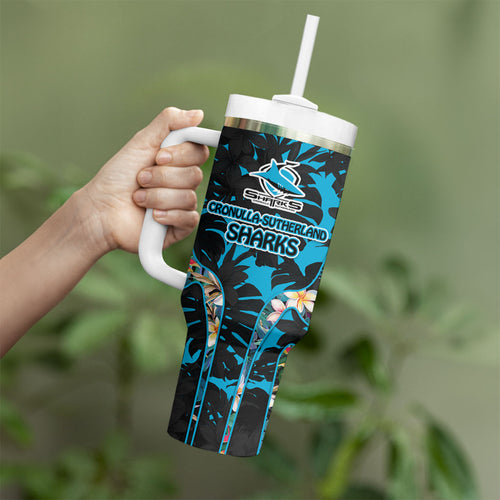 Cronulla-Sutherland Sharks Tumbler With Handle Tropical Island Floral Pattern With Black And Blue Accents