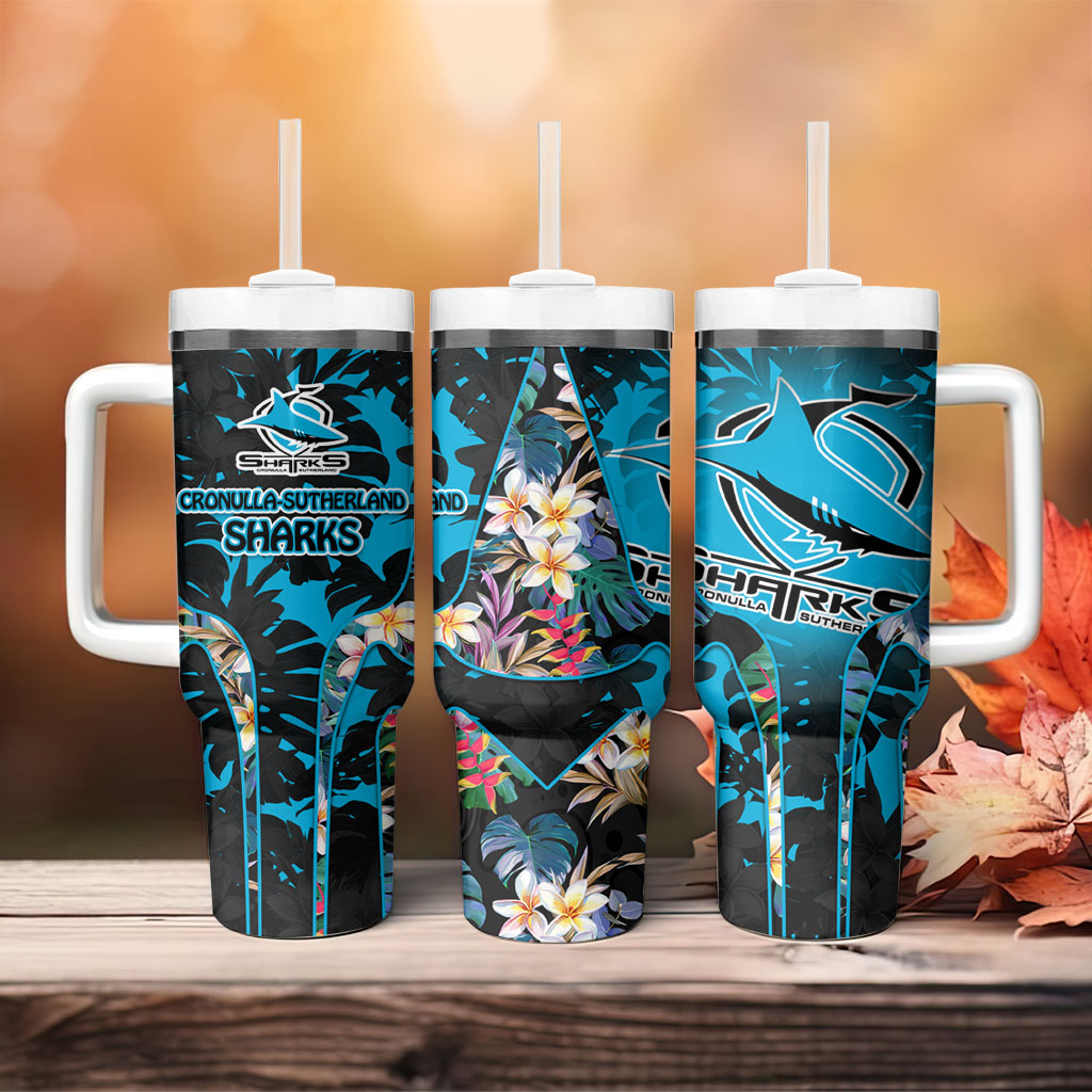 Cronulla-Sutherland Sharks Tumbler With Handle Tropical Island Floral Pattern With Black And Blue Accents