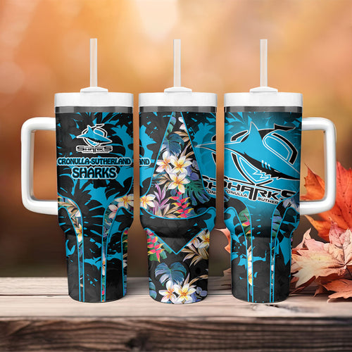 Cronulla-Sutherland Sharks Tumbler With Handle Tropical Island Floral Pattern With Black And Blue Accents