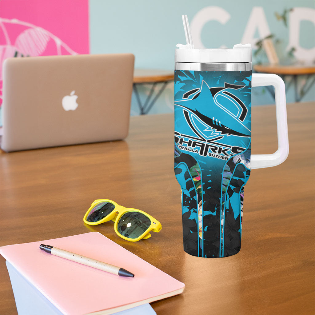Cronulla-Sutherland Sharks Tumbler With Handle Tropical Island Floral Pattern With Black And Blue Accents