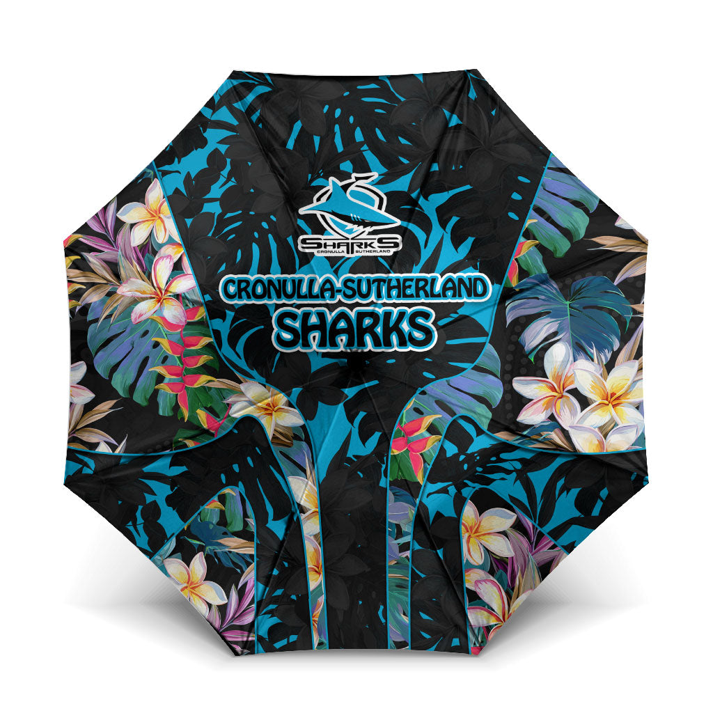 Cronulla-Sutherland Sharks Umbrella Tropical Island Floral Pattern With Black And Blue Accents