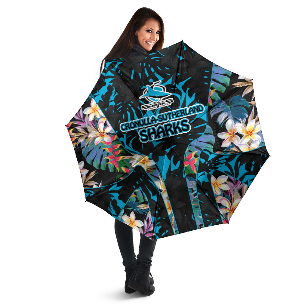 Cronulla-Sutherland Sharks Umbrella Tropical Island Floral Pattern With Black And Blue Accents