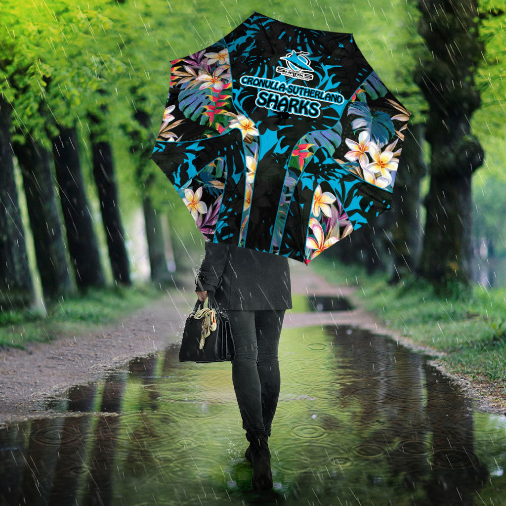 Cronulla-Sutherland Sharks Umbrella Tropical Island Floral Pattern With Black And Blue Accents