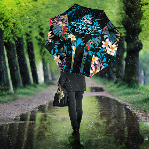 Cronulla-Sutherland Sharks Umbrella Tropical Island Floral Pattern With Black And Blue Accents