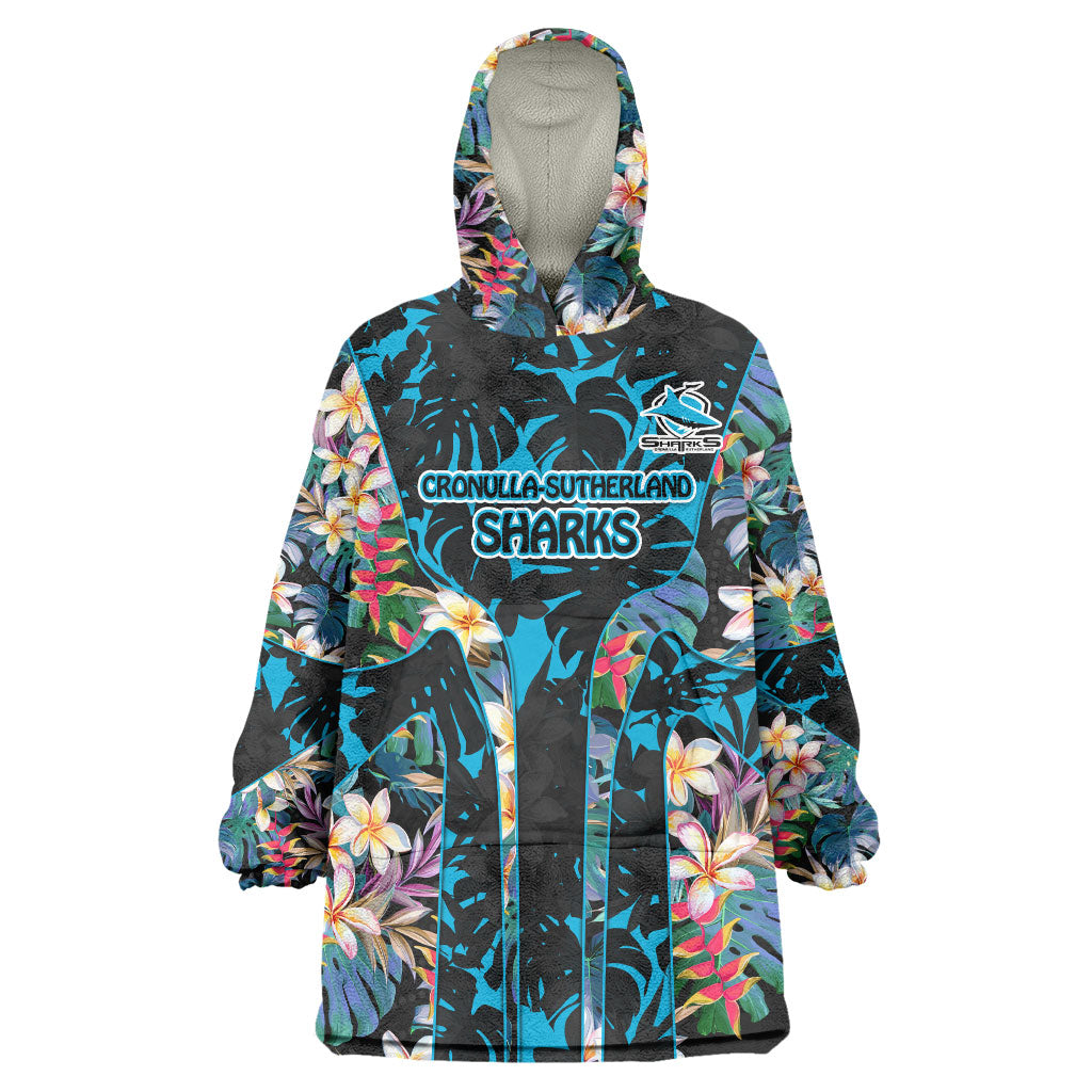 Cronulla-Sutherland Sharks Wearable Blanket Hoodie Tropical Island Floral Pattern With Black And Blue Accents