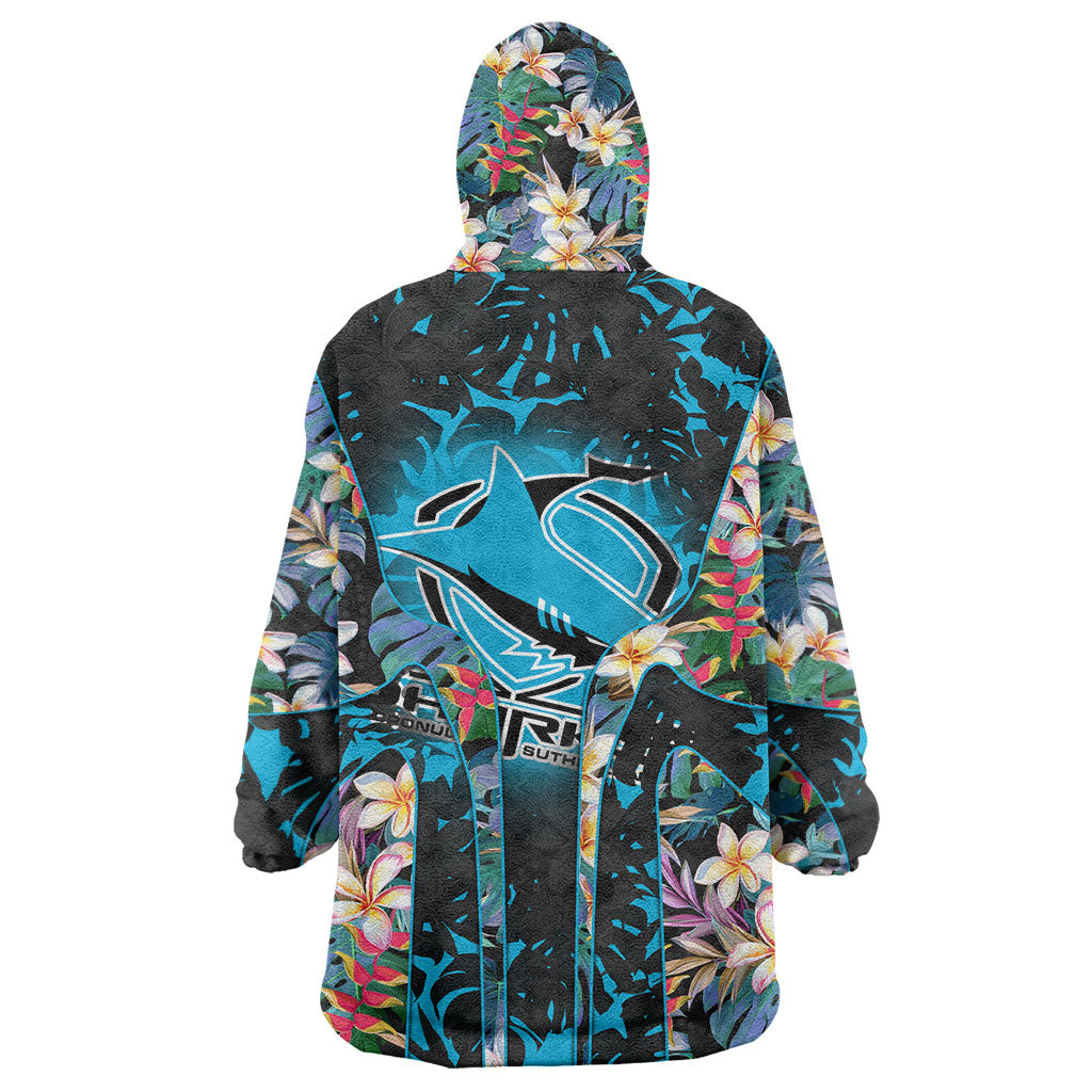 Cronulla-Sutherland Sharks Wearable Blanket Hoodie Tropical Island Floral Pattern With Black And Blue Accents