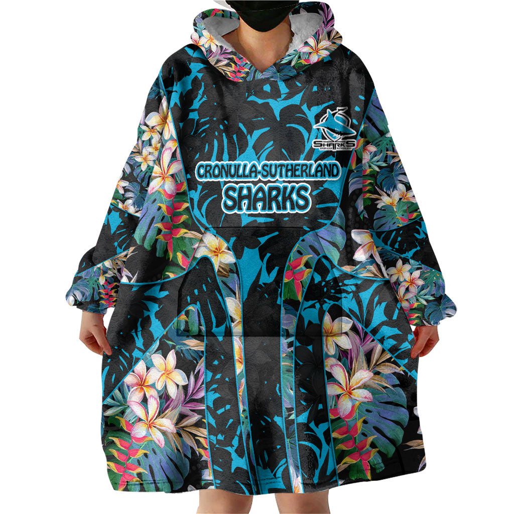 Cronulla-Sutherland Sharks Wearable Blanket Hoodie Tropical Island Floral Pattern With Black And Blue Accents
