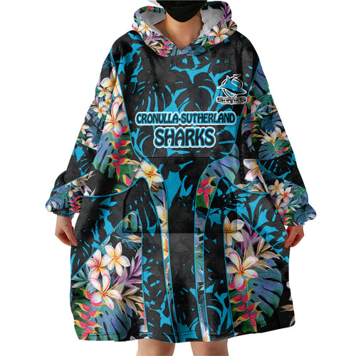 Cronulla-Sutherland Sharks Wearable Blanket Hoodie Tropical Island Floral Pattern With Black And Blue Accents