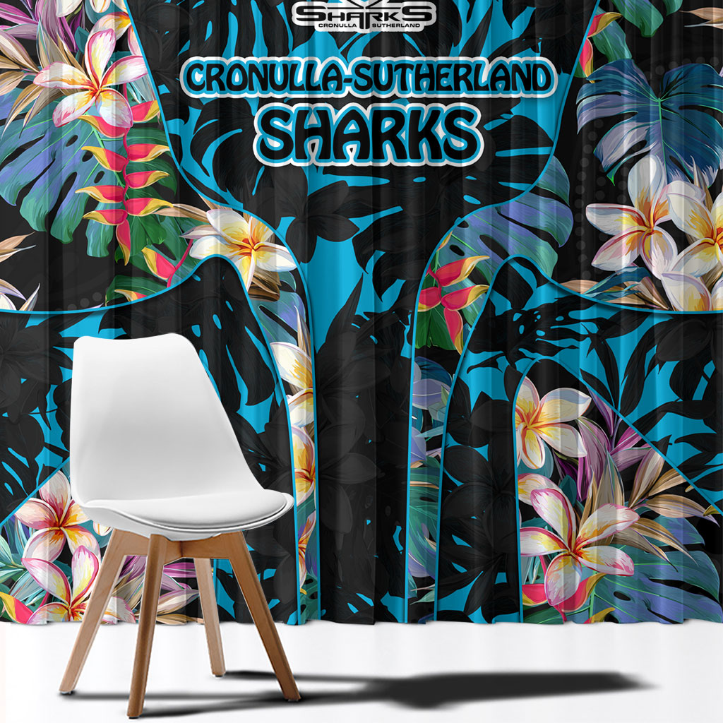 Cronulla-Sutherland Sharks Window Curtain Tropical Island Floral Pattern With Black And Blue Accents