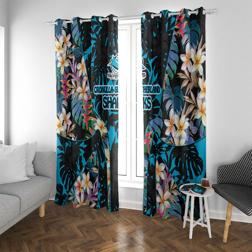 Cronulla-Sutherland Sharks Window Curtain Tropical Island Floral Pattern With Black And Blue Accents