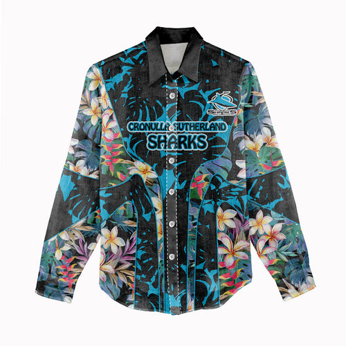 Cronulla-Sutherland Sharks Women Casual Shirt Tropical Island Floral Pattern With Black And Blue Accents