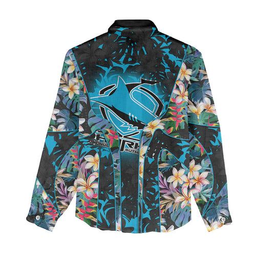 Cronulla-Sutherland Sharks Women Casual Shirt Tropical Island Floral Pattern With Black And Blue Accents