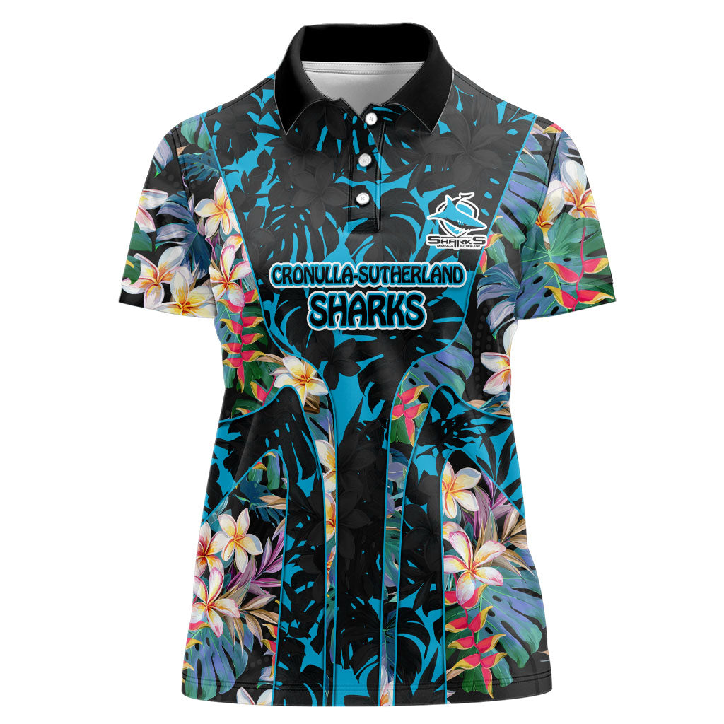Cronulla-Sutherland Sharks Women Polo Shirt Tropical Island Floral Pattern With Black And Blue Accents