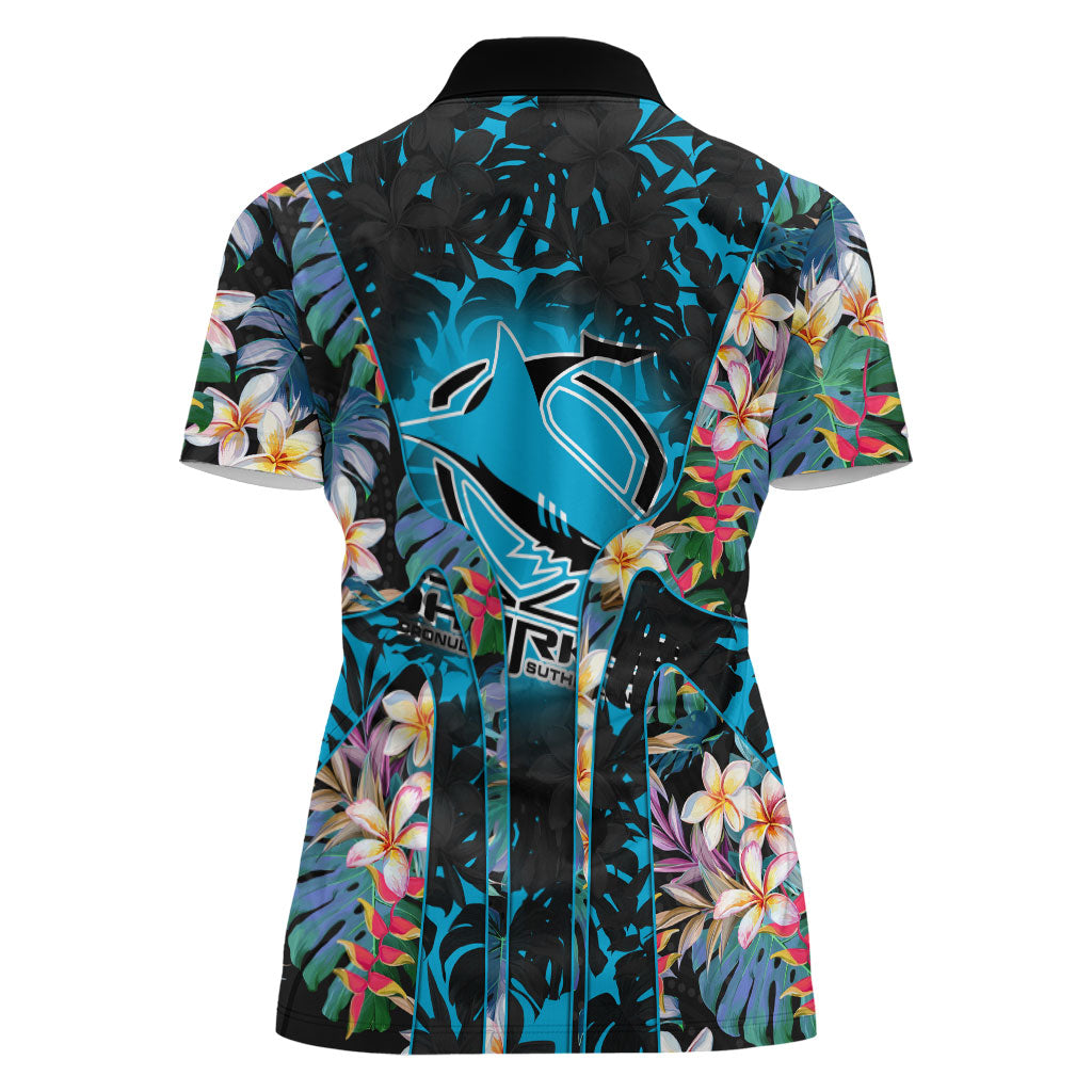 Cronulla-Sutherland Sharks Women Polo Shirt Tropical Island Floral Pattern With Black And Blue Accents