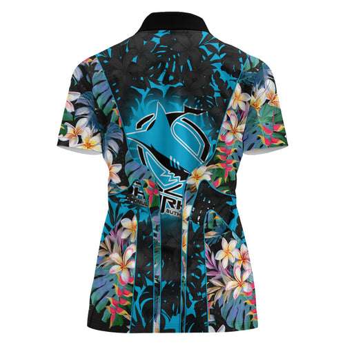 Cronulla-Sutherland Sharks Women Polo Shirt Tropical Island Floral Pattern With Black And Blue Accents