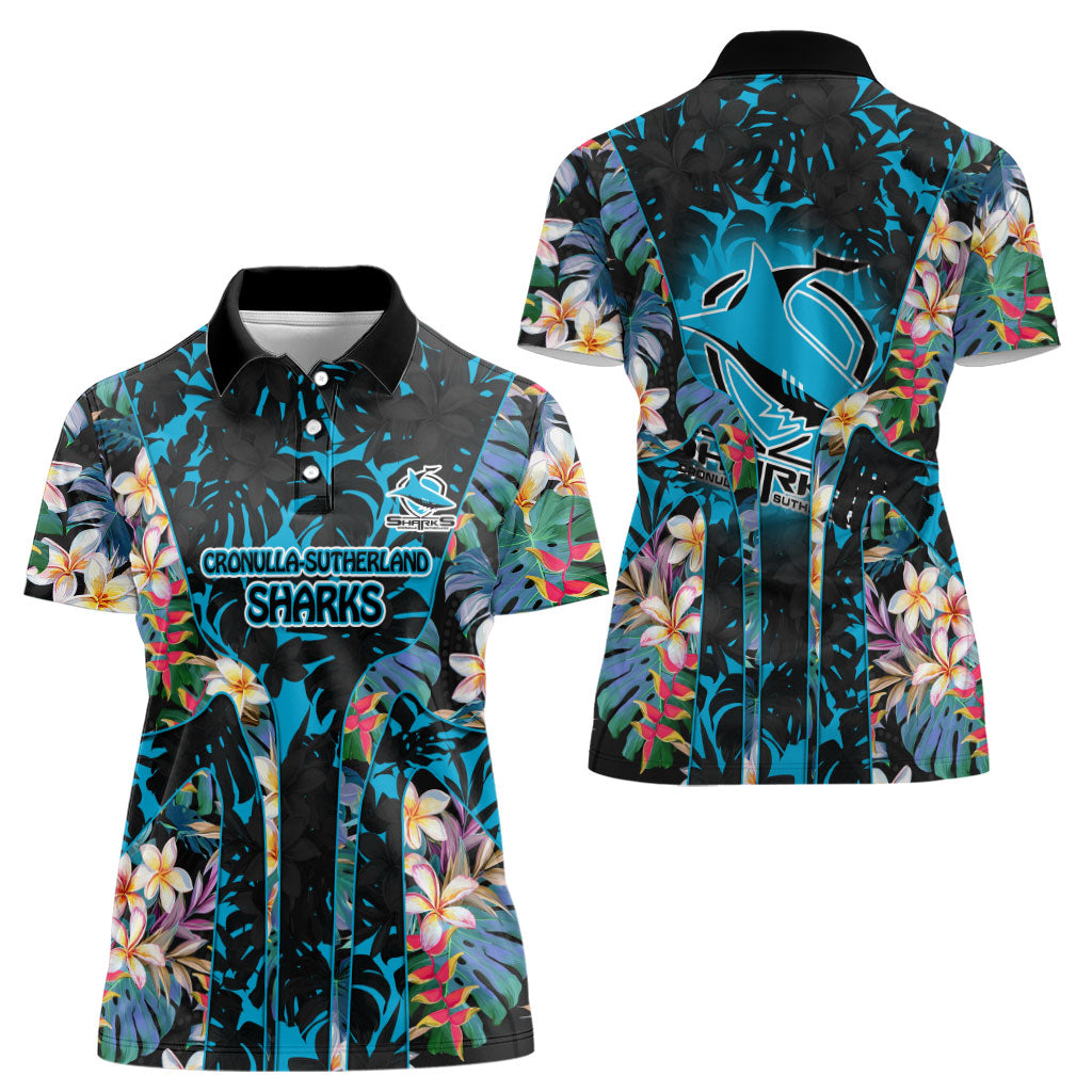 Cronulla-Sutherland Sharks Women Polo Shirt Tropical Island Floral Pattern With Black And Blue Accents