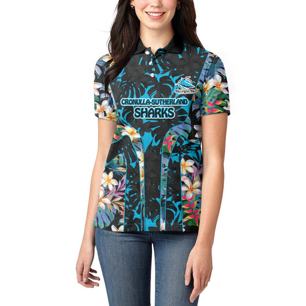 Cronulla-Sutherland Sharks Women Polo Shirt Tropical Island Floral Pattern With Black And Blue Accents