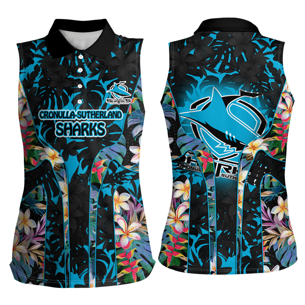 Cronulla-Sutherland Sharks Women Sleeveless Polo Shirt Tropical Island Floral Pattern With Black And Blue Accents