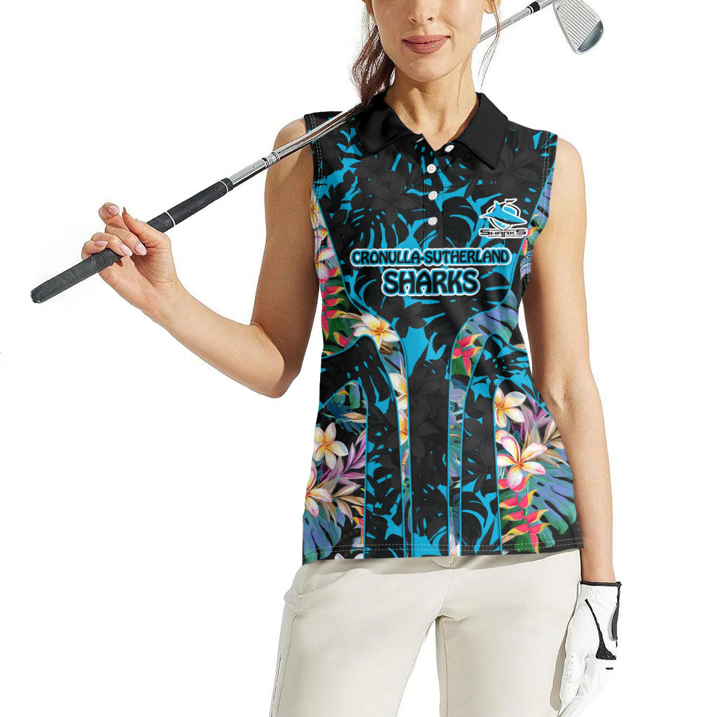 Cronulla-Sutherland Sharks Women Sleeveless Polo Shirt Tropical Island Floral Pattern With Black And Blue Accents