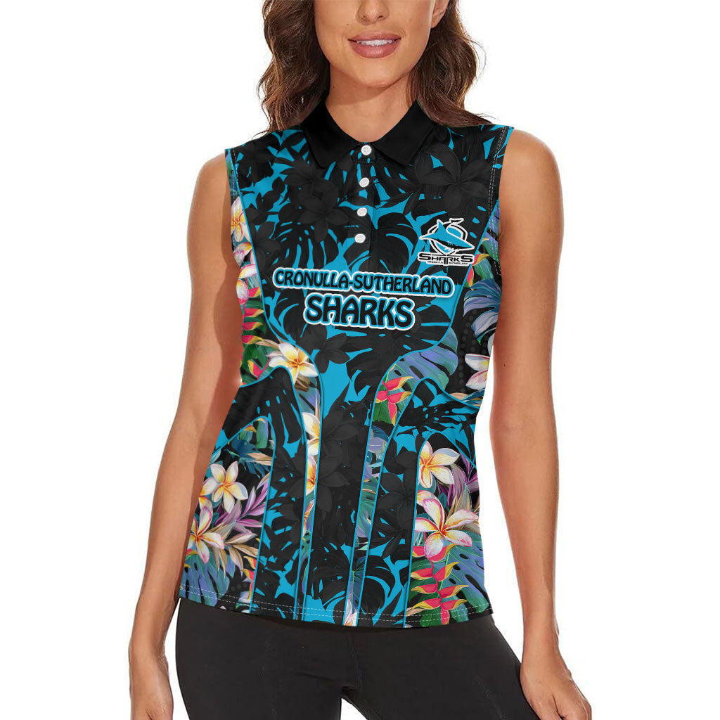 Cronulla-Sutherland Sharks Women Sleeveless Polo Shirt Tropical Island Floral Pattern With Black And Blue Accents