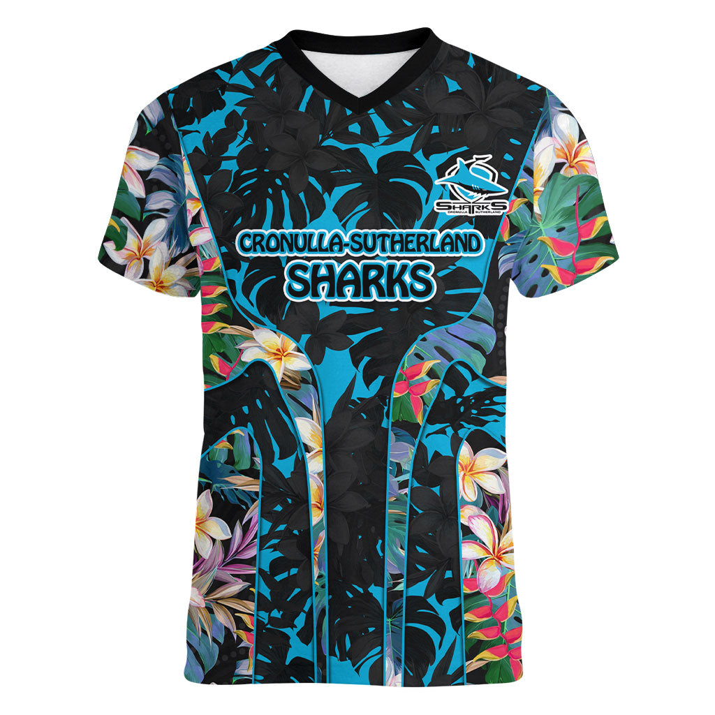 Cronulla-Sutherland Sharks Women V-Neck T-Shirt Tropical Island Floral Pattern With Black And Blue Accents