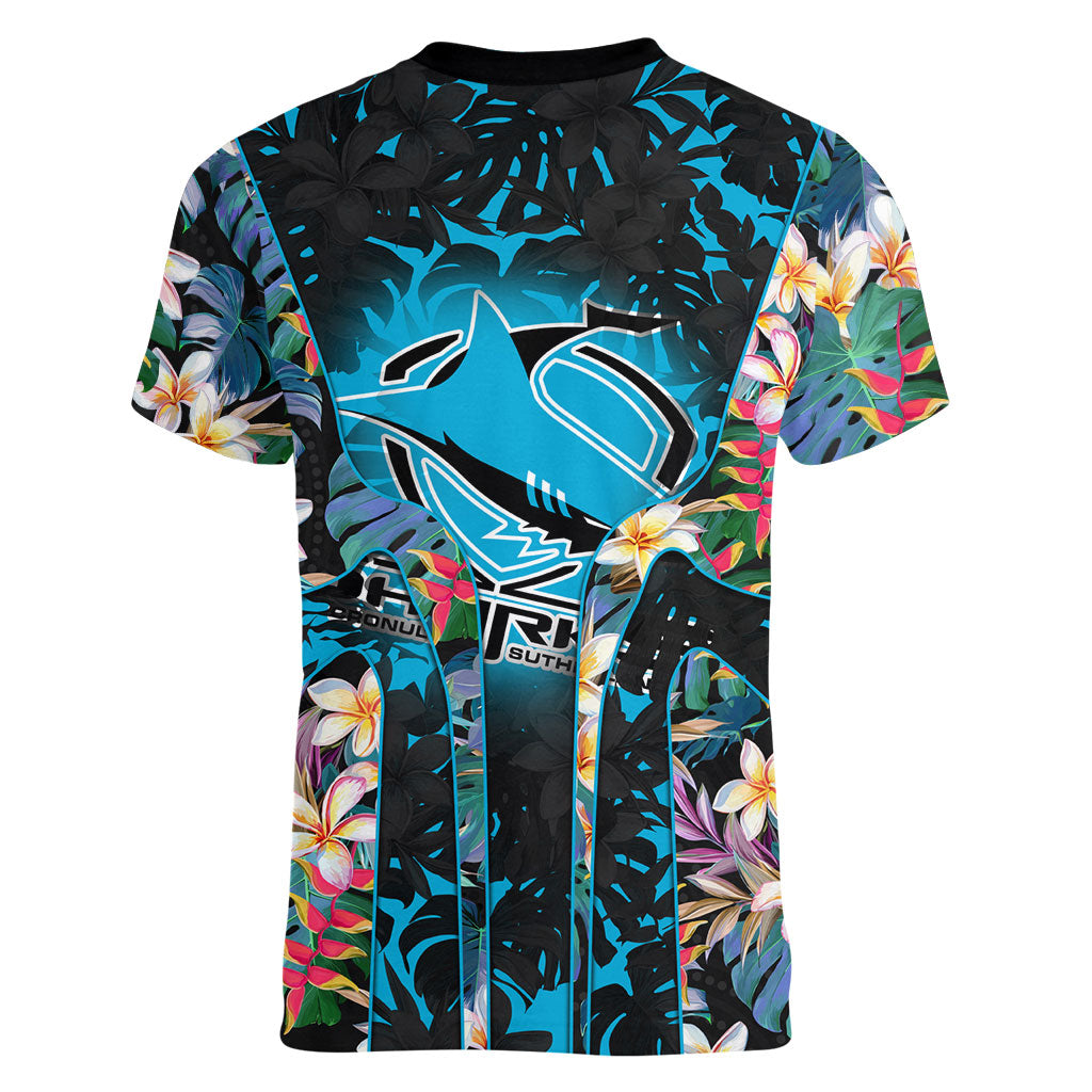 Cronulla-Sutherland Sharks Women V-Neck T-Shirt Tropical Island Floral Pattern With Black And Blue Accents