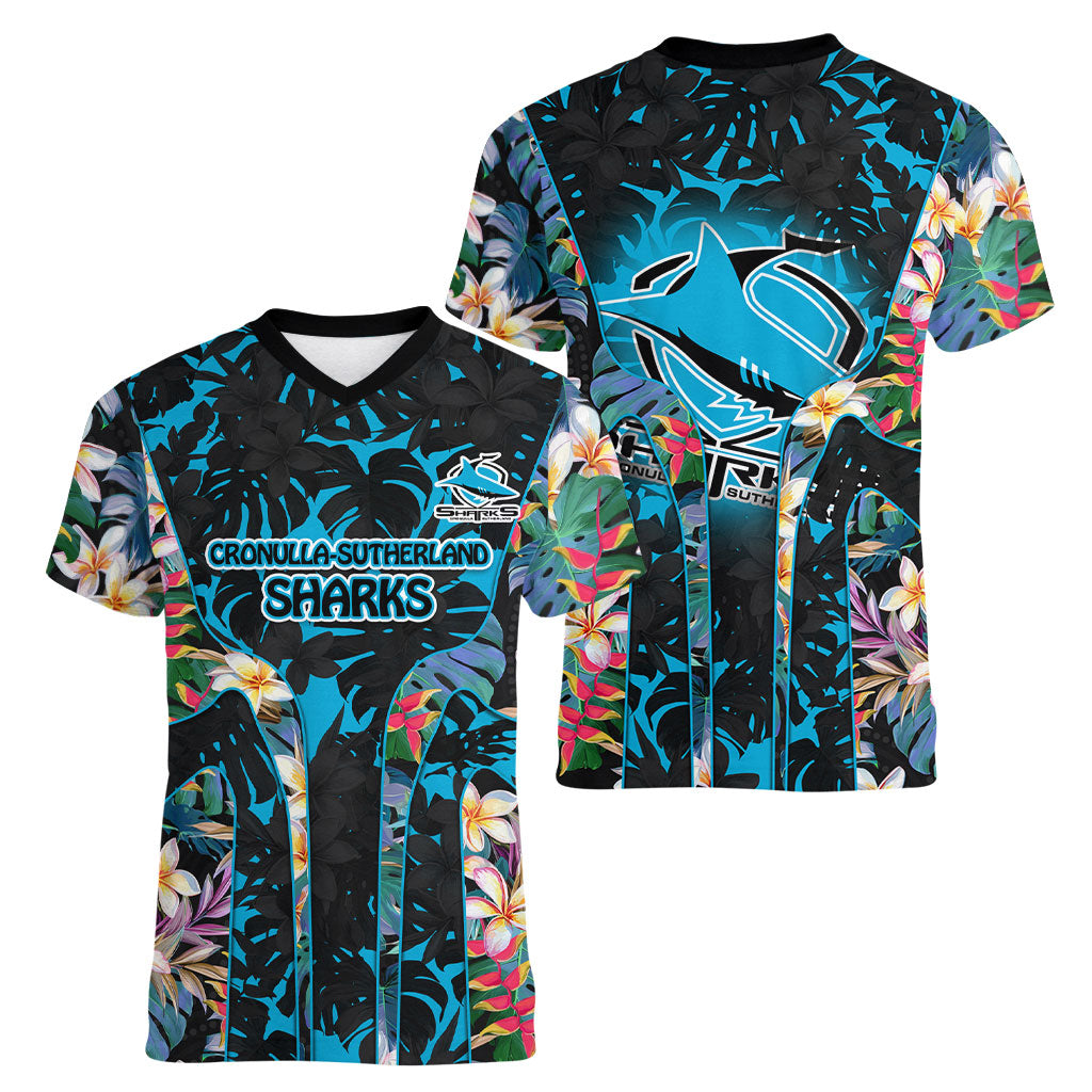 Cronulla-Sutherland Sharks Women V-Neck T-Shirt Tropical Island Floral Pattern With Black And Blue Accents