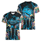Cronulla-Sutherland Sharks Women V-Neck T-Shirt Tropical Island Floral Pattern With Black And Blue Accents
