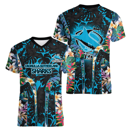 Cronulla-Sutherland Sharks Women V-Neck T-Shirt Tropical Island Floral Pattern With Black And Blue Accents