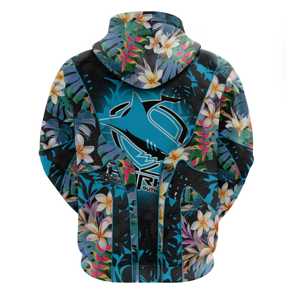 Cronulla-Sutherland Sharks Zip Hoodie Tropical Island Floral Pattern With Black And Blue Accents