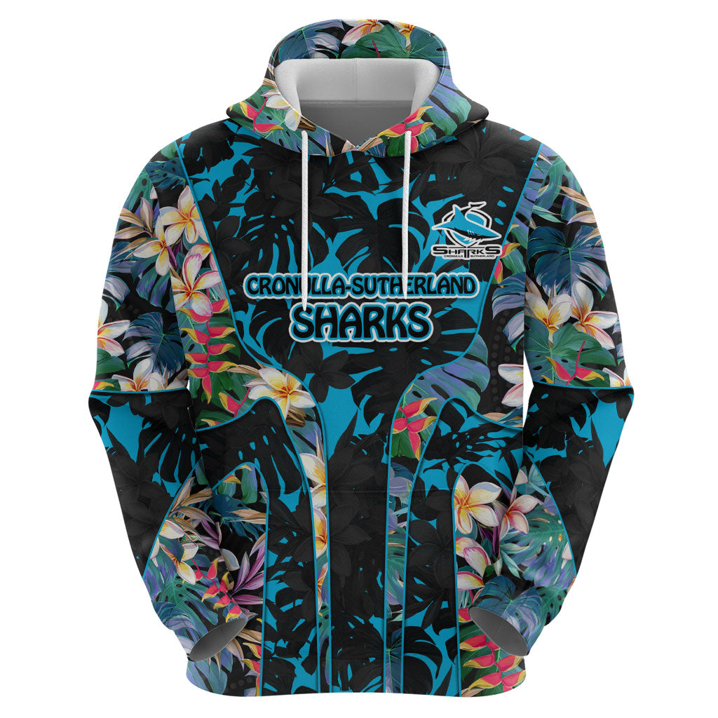 Cronulla-Sutherland Sharks Zip Hoodie Tropical Island Floral Pattern With Black And Blue Accents