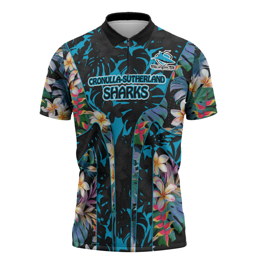 Cronulla-Sutherland Sharks Zipper Polo Shirt Tropical Island Floral Pattern With Black And Blue Accents