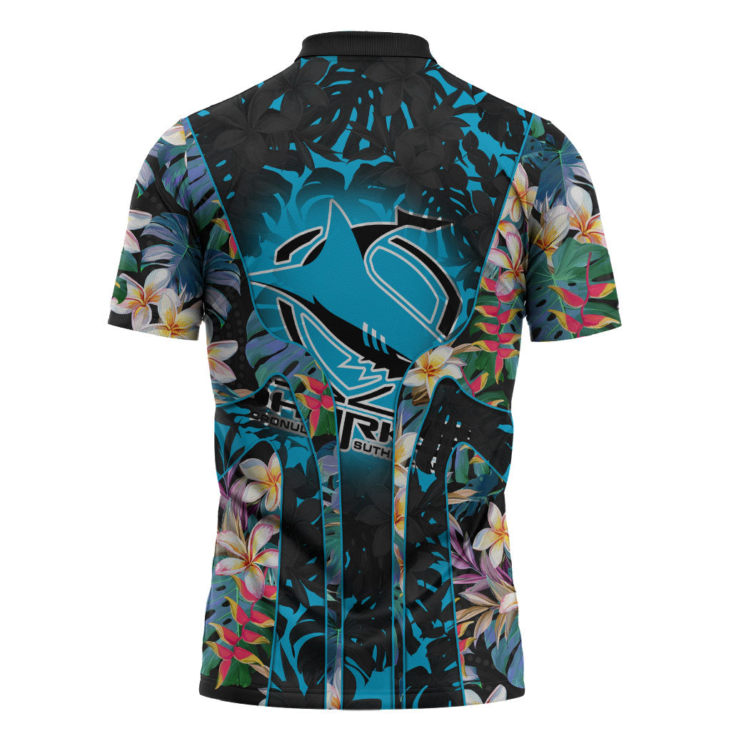 Cronulla-Sutherland Sharks Zipper Polo Shirt Tropical Island Floral Pattern With Black And Blue Accents