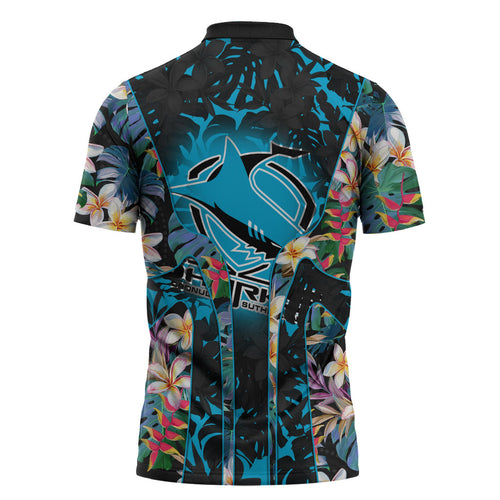 Cronulla-Sutherland Sharks Zipper Polo Shirt Tropical Island Floral Pattern With Black And Blue Accents