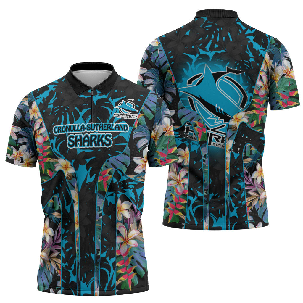Cronulla-Sutherland Sharks Zipper Polo Shirt Tropical Island Floral Pattern With Black And Blue Accents